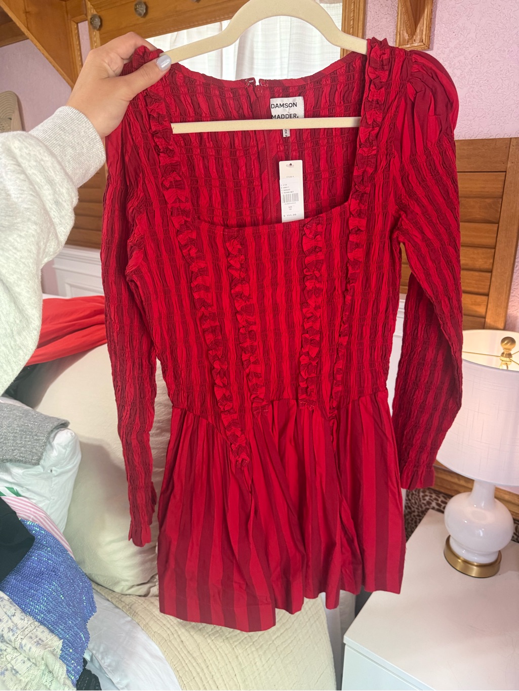 Damson Madder Red Long Sleeve Ruffle-Trim Dress